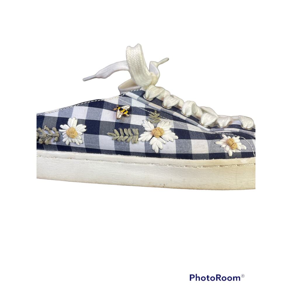 Betsey Johnson Gingham Blue White Slip On Mules Embroider Honey Bee Size 8.5 - Picture 6 of 7